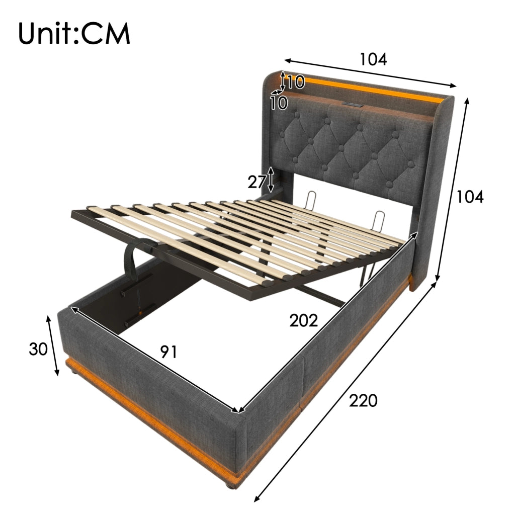 Letto singolo 90x200 cm con contenitore; LED 360°; USB-C e testiera in lino grigio