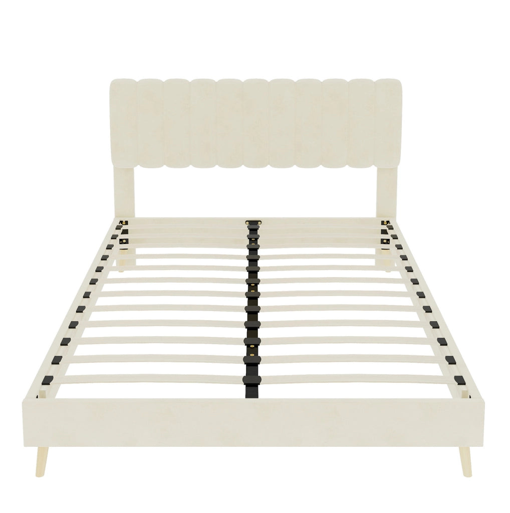 Letto imbottito moderno 140x200 cm con testiera morbida beige, struttura in legno senza contenitore, materasso incluso