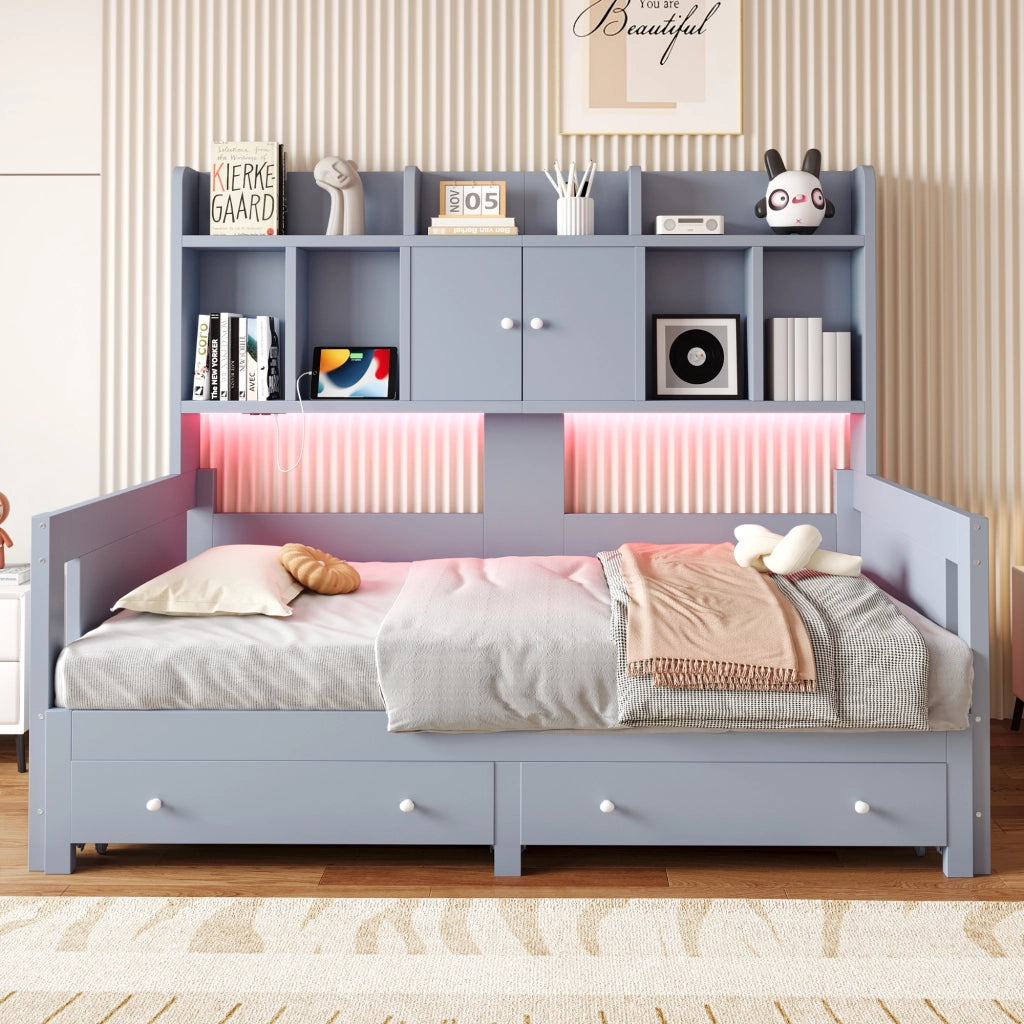 Letto estraibile in legno grigio con cassetti vani contenitore prese integrate e illuminazione LED
