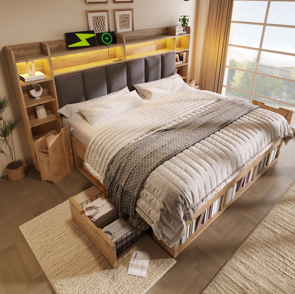 Letto 180x200 cm con LED, USB e cassetti in MDF e metallo color rovere