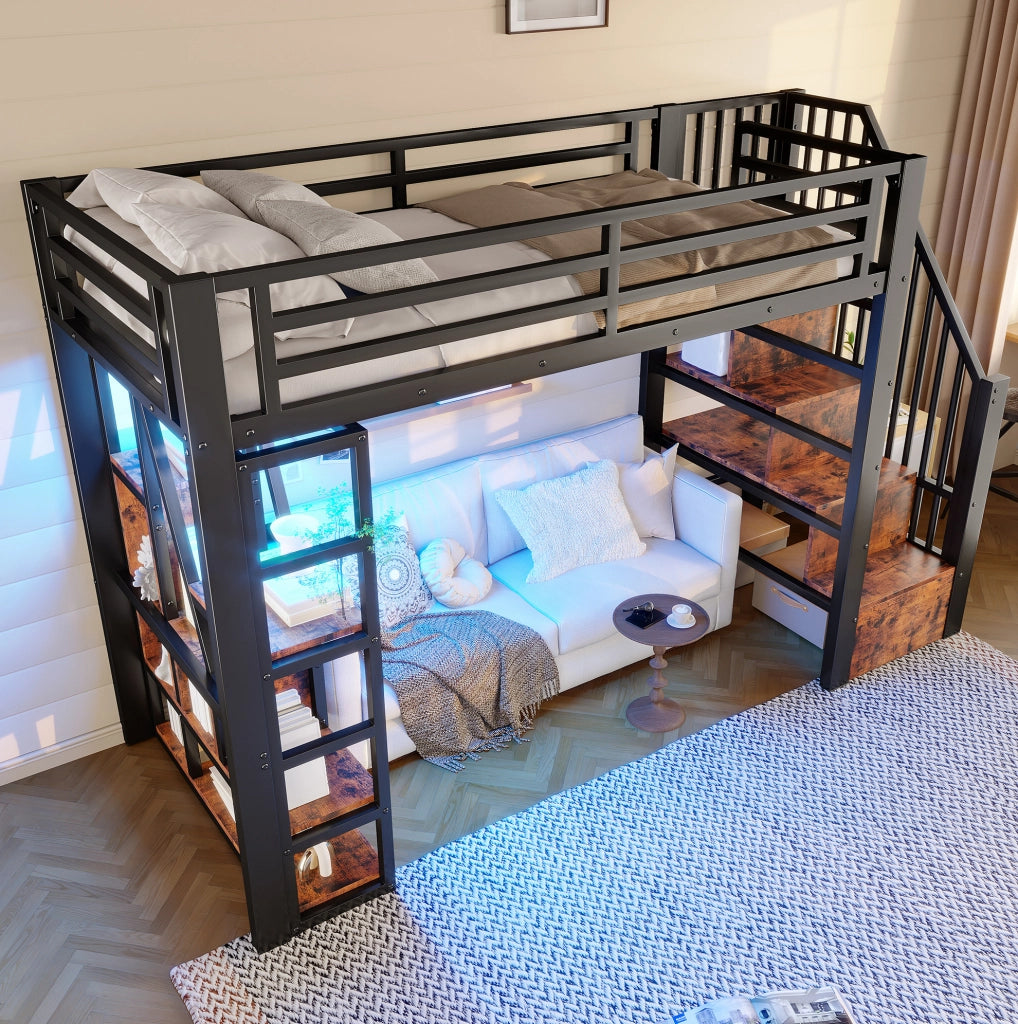 Letto a soppalco 90x200 cm con LED, scaffali e scala in metallo e MDF nero