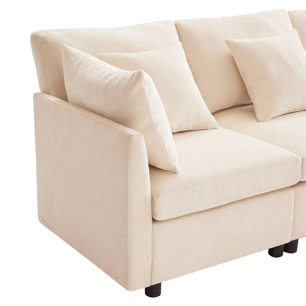 Divano modulare 278x161 cm in ciniglia beige con 2 pouf e 6 cuscini