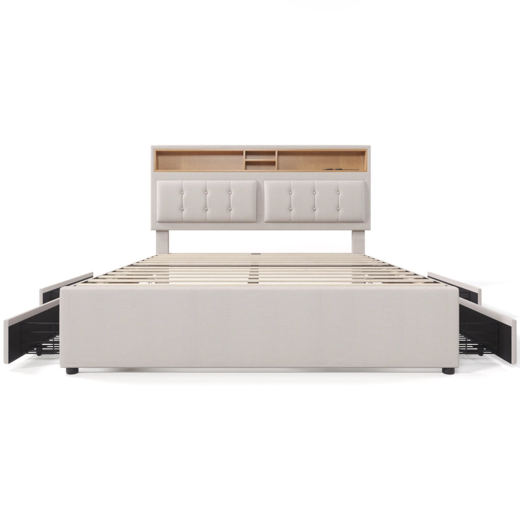 Letto imbottito beige 140 x 200 cm con 4 cassetti, prese USB e Tipo-C