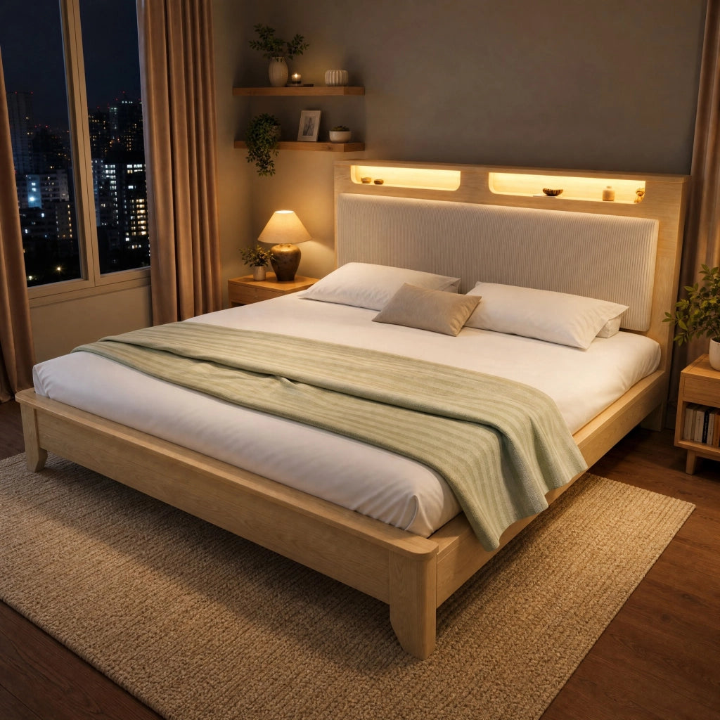 Letto matrimoniale 180 × 200 cm con testiera LED, vano contenitore, senza materasso, in velluto beige