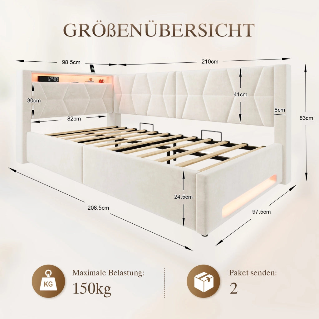 Letto imbottito beige 90 x 200 cm con contenitore, LED, USB e Type-C