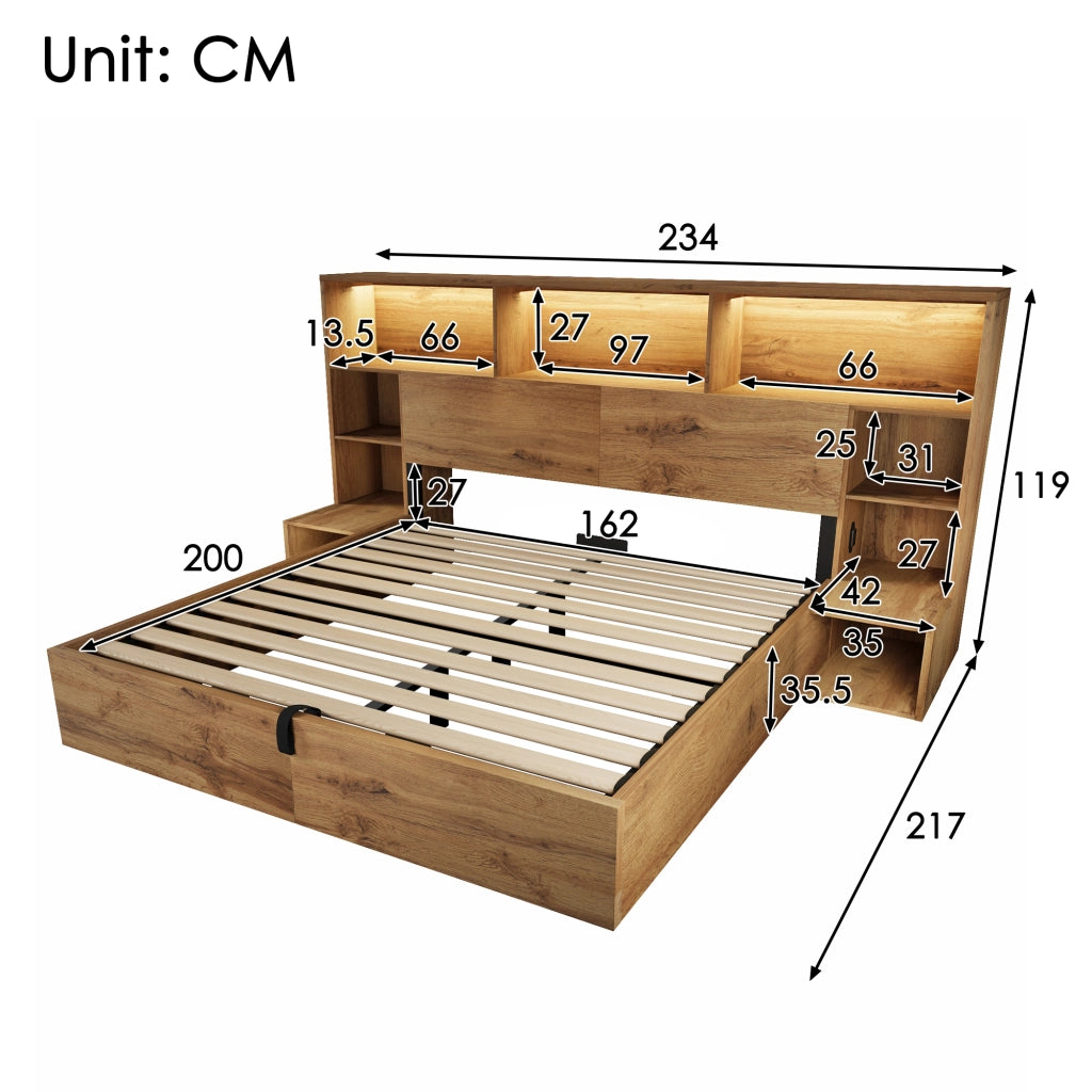 Letto matrimoniale 160x200 cm con materasso; LED; USB-A e USB-C; vano contenitore idraulico; rovere
