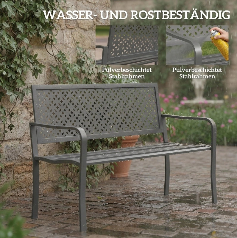 Panca da giardino 2 posti in metallo resistente alla ruggine con schienale geometrico, portata 240 kg