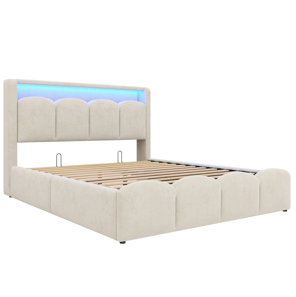 Letto matrimoniale imbottito ULEVR 140x200 cm con contenitore idraulico, LED, USB e Type-C, velluto beige