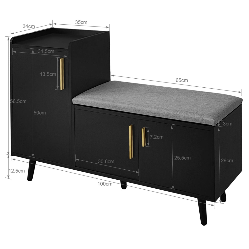 Panca Porta Scarpe Moderna con Tre Ante e Ripiani Regolabili, Struttura in Legno e Metallo Nera, B100xT34xH69 cm
