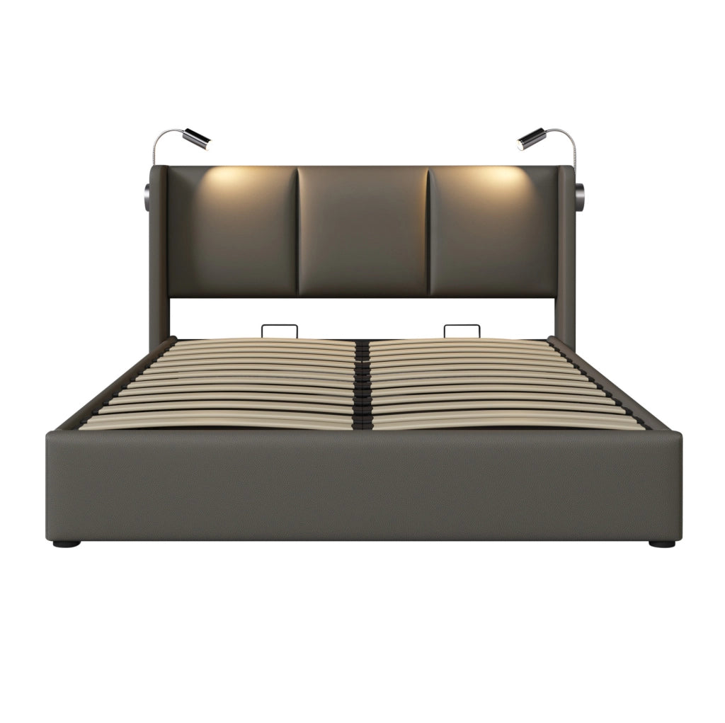 Letto matrimoniale 160x200 cm imbottito in PU grigio con contenitore; luce lettura e USB