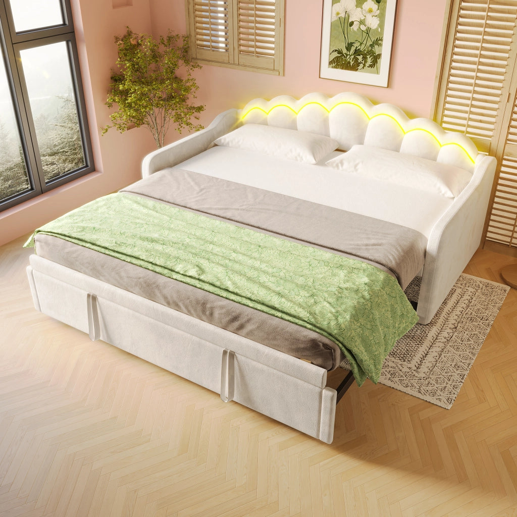 Divano letto estraibile 90x200/180x200 cm con LED multicolore in velluto beige