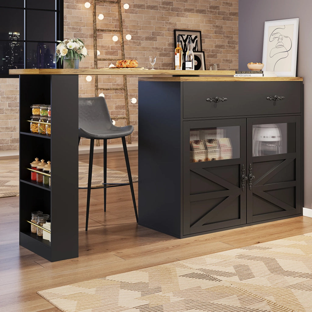 Tavolo bar allungabile nero con ripiano girevole a 360° e contenitore, 138-204x39x104 cm