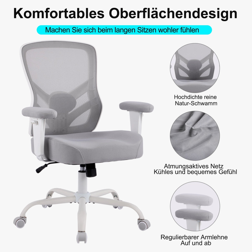 Sedia da ufficio ergonomica in tessuto e rete; grigia; con supporto lombare regolabile