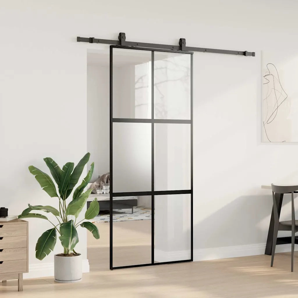 Porta Scorrevole Set Ferramenta Nera 90x205 cm Vetro Temperato 3375884