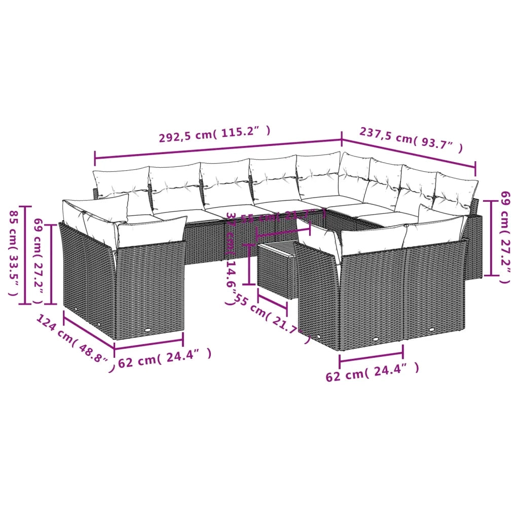 Set Divano da Giardino 13 pz con Cuscini Beige in Polyrattan