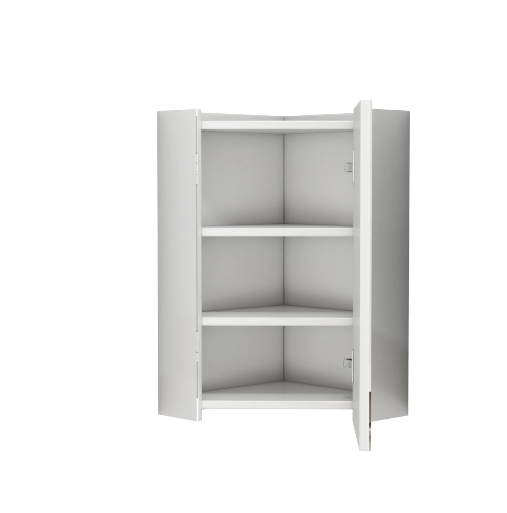 Mobile da bagno angolare da parete con specchi su tre lati, cerniere ammortizzate, ripiani integrati, bianco, pronto al montaggio