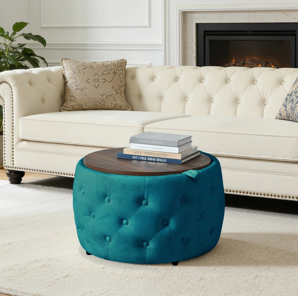 Set di 2 Pouf Nesting in Velluto Blu con Portaoggetti e Vassoio in Legno, Design Salvaspazio 4-in-1, Ø 58 cm