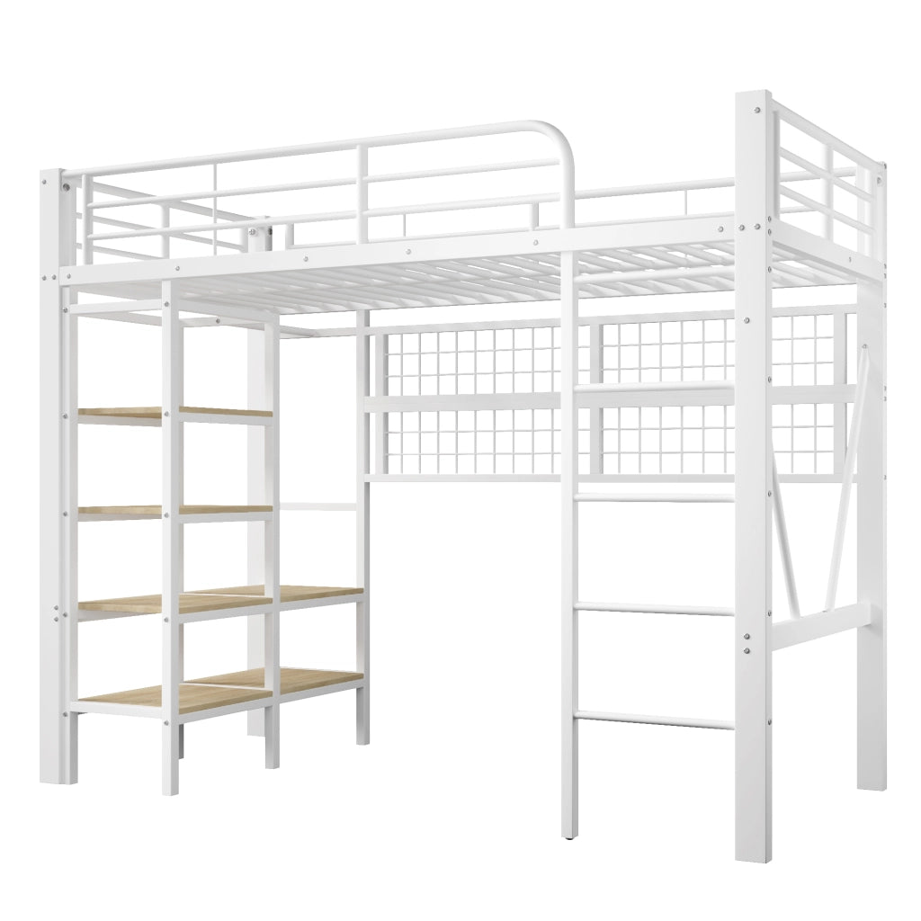 Letto a soppalco - Zephmum- 90x200 cm - Bianco - Telaio in ferro, ripiano, rete appendiabiti, spazio aperto, striscia LED