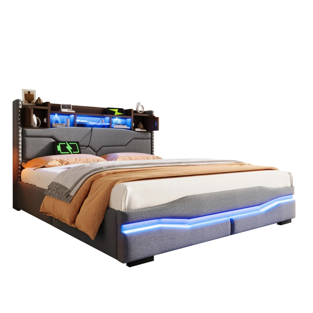 Letto imbottito 160x200 cm con contenitore idraulico, LED e USB-C grigio