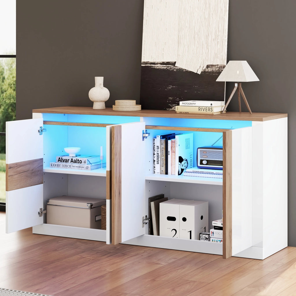 Credenza con 4 ante; ripiani regolabili e LED RGB - per soggiorno - 140×35×70 cm - bianco