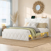 Letto imbottito 140 × 200 cm con testiera ad ali in tessuto Teddy bianco LED USB e prese integrate