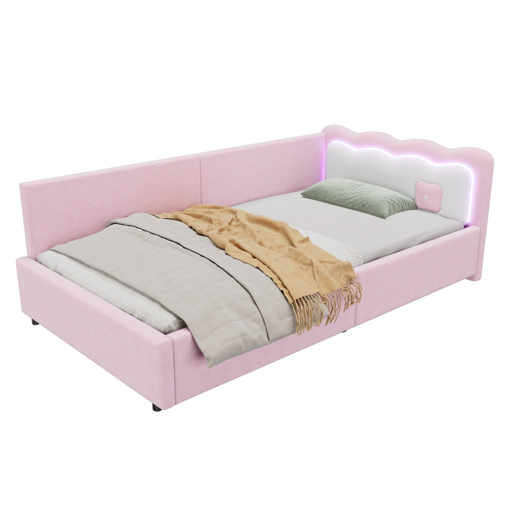 Letto singolo daybed 90 ¡Á 200 cm con rete a doghe LED regolabile in MDF e rivestimento rosa