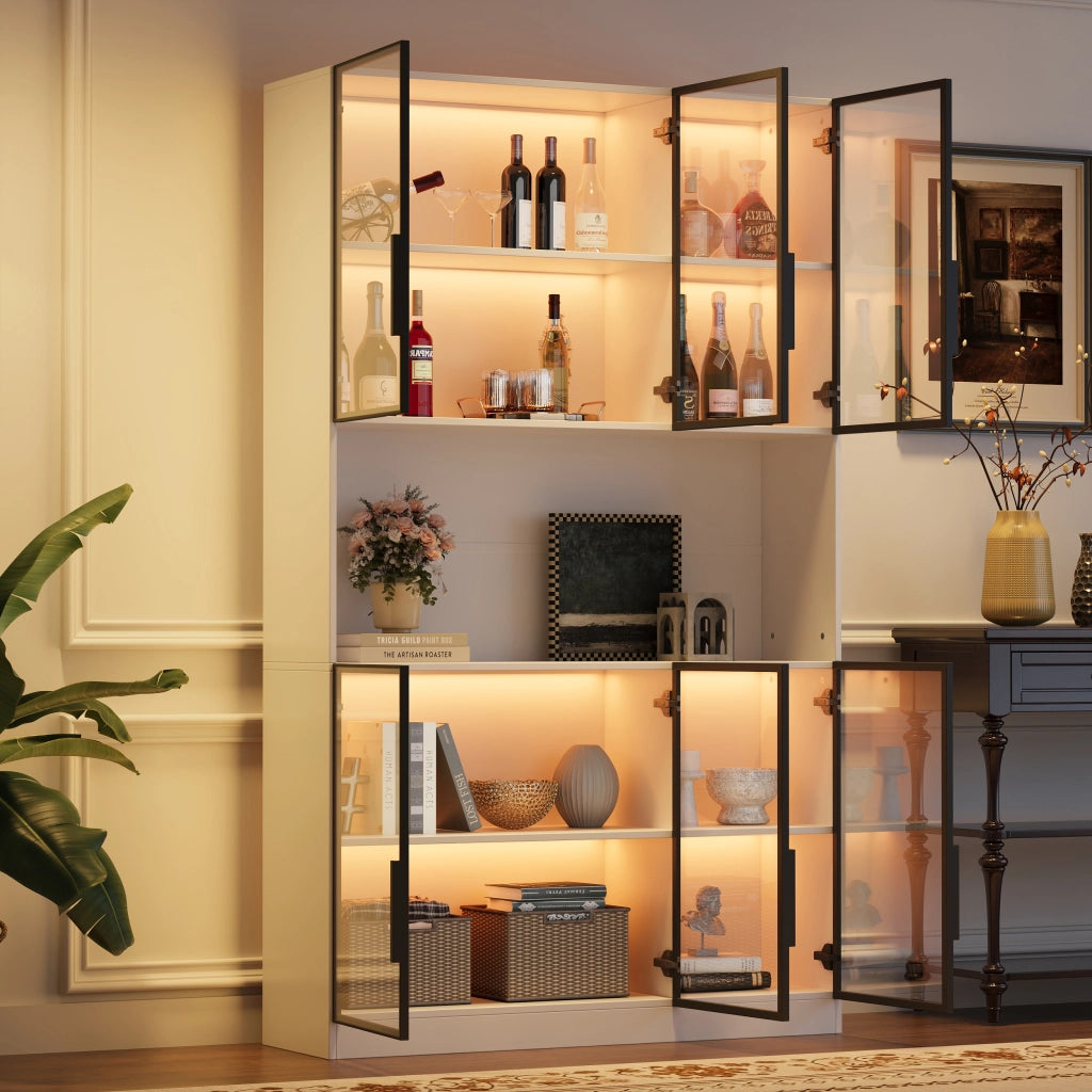 Vetrina con 6 ante in vetro e LED regolabile, chiusura ammortizzata, per soggiorno, MDF bianco, 120 × 34 × 200 cm