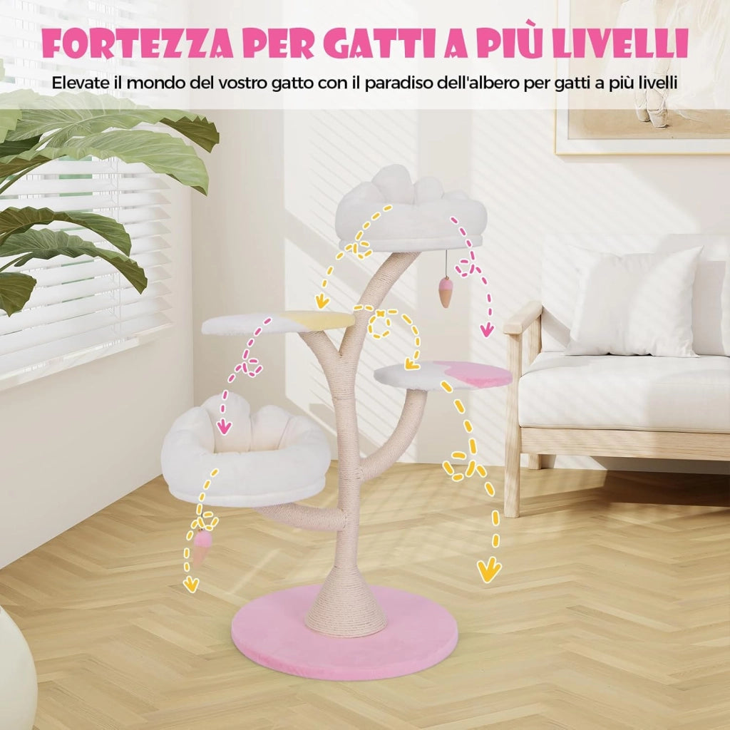 Albero per Gatti, Tiragraffi per Gatti con 2 Piattaforme, Palline Pendenti, Cuscini e Tiragraffi in Sisal, Centro Attività per Gatti Piccoli da Interno, 59 x 59 x 123 cm