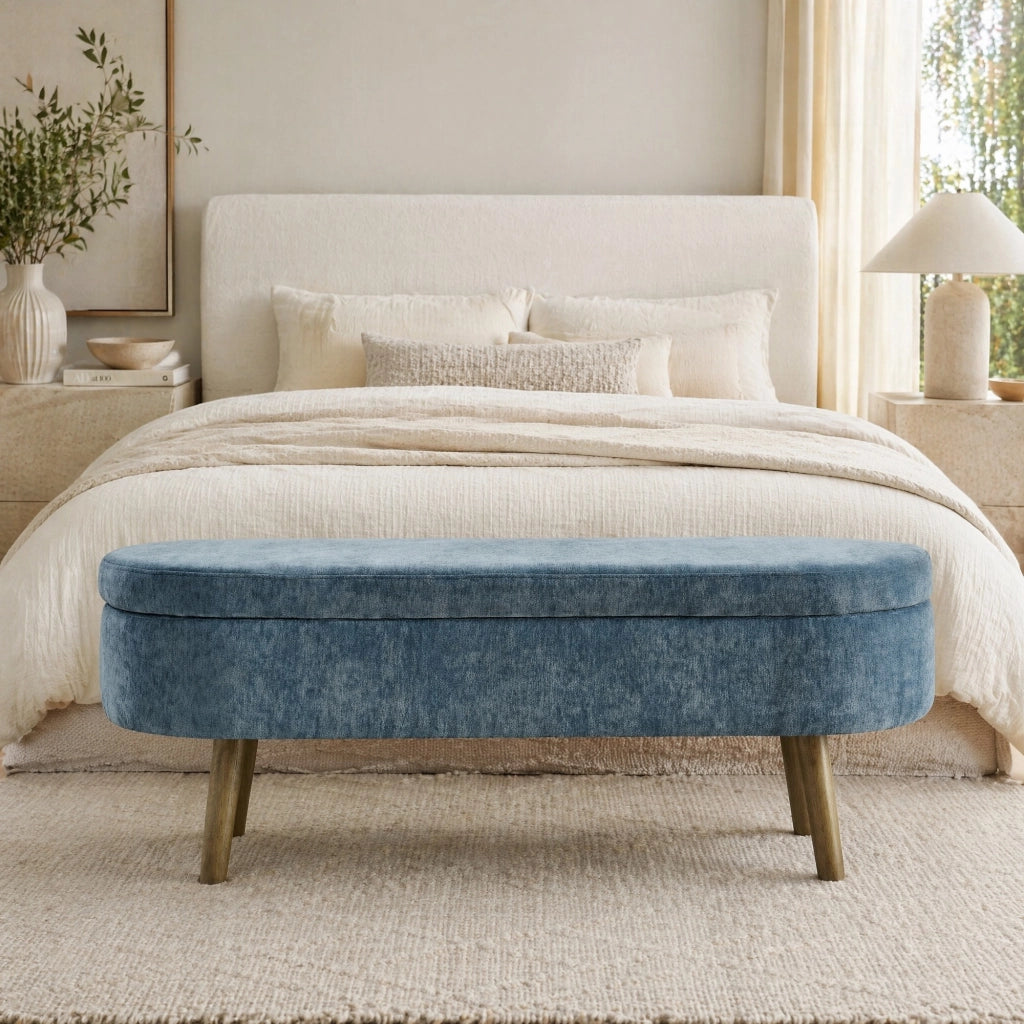 Panca contenitore ovale 110x40x42 cm con vano da 20 L in ciniglia blu e legno massello