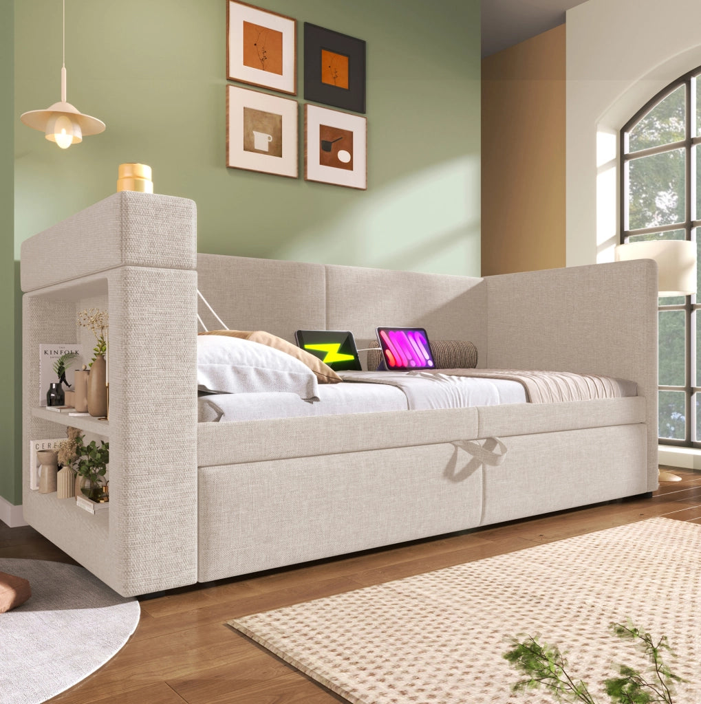 Divano letto estraibile 90x200 cm beige con USB, Type-C, portabicchieri e ripiani
