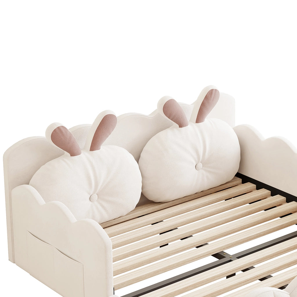 Letto imbottito 140 × 200 cm con sponde di protezione e cuscino a orecchie di coniglio beige