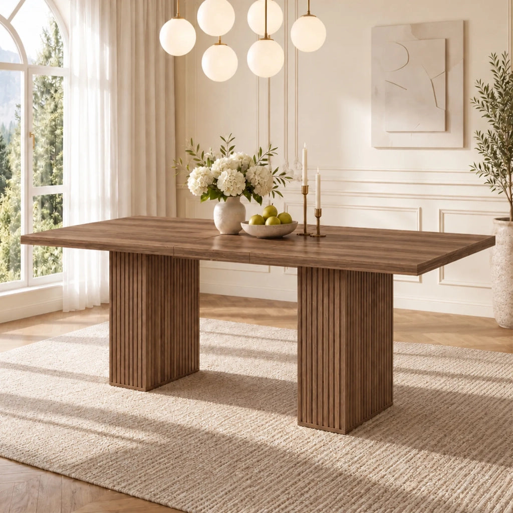 Tavolo da pranzo allungabile 150/190x90 cm, stile scandinavo colore noce, piano spesso con vano portaoggetti, per 6-8 persone