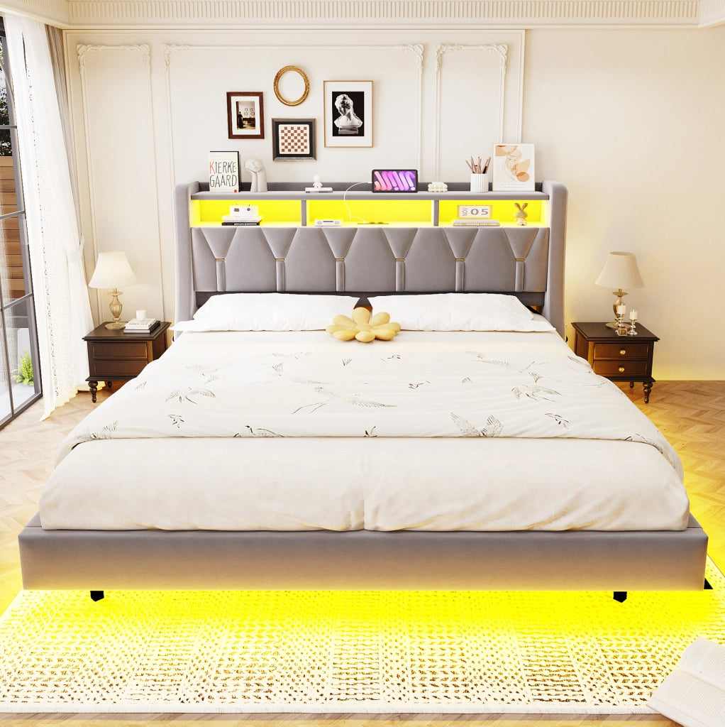 Letto imbottito 180x200 cm con testiera multifunzione, LED e prese integrate