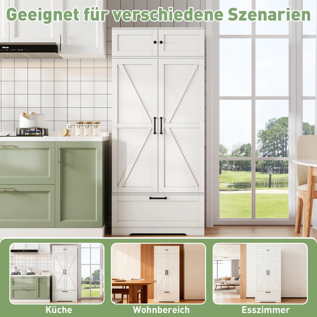 Mobile colonna da cucina con 7 vani portabottiglie; cassetto e ripiani regolabili; MDF bianco; 80 × 40 × 180 cm