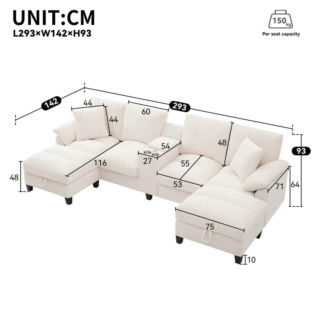 Divano modulare a U 4 posti in velluto a coste beige con USB