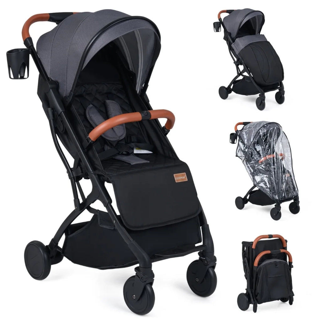 Foldable stroller with rain cover & adjustable backrest & footrest, travel buggy, grey