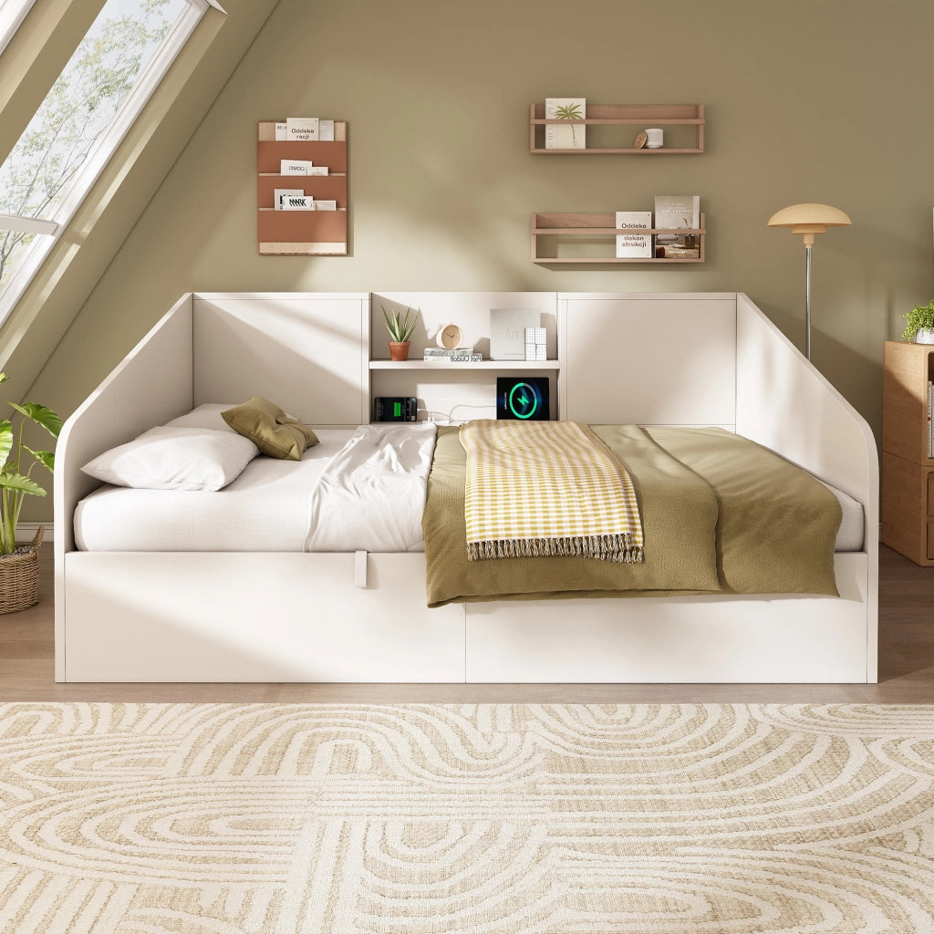 Letto singolo 90 × 190 cm con contenitore idraulico; ripiani e ricarica USB Type-C in legno bianco
