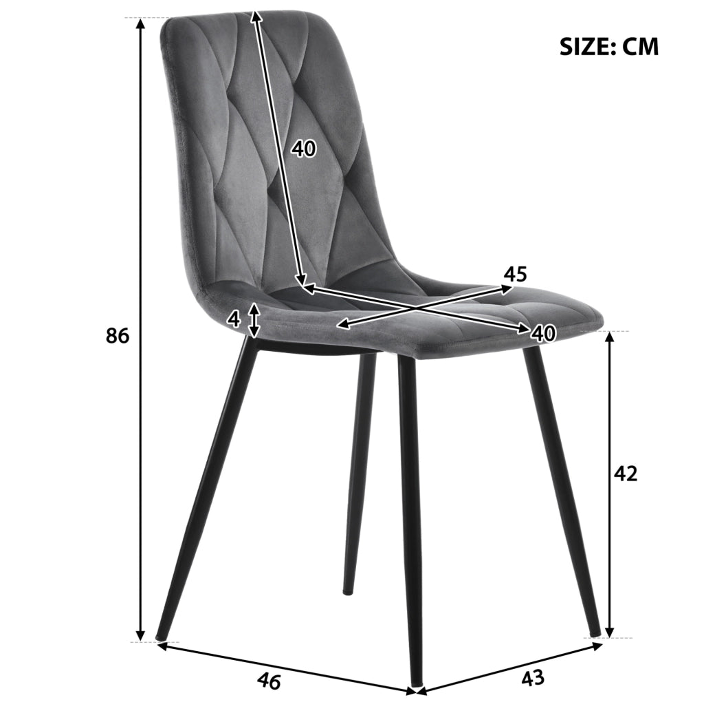 Set 4 sedie da pranzo in velluto grigio con gambe in metallo; schienale imbottito