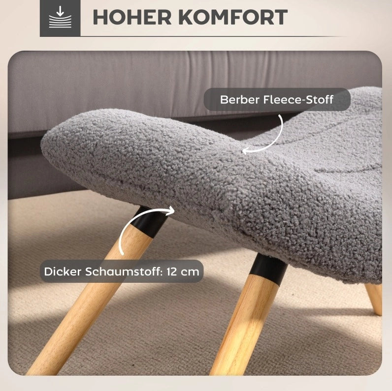 Pouf in tessuto Berber fleece grigio scuro con struttura in legno di faggio, 67x45x38 cm, portata 120 kg