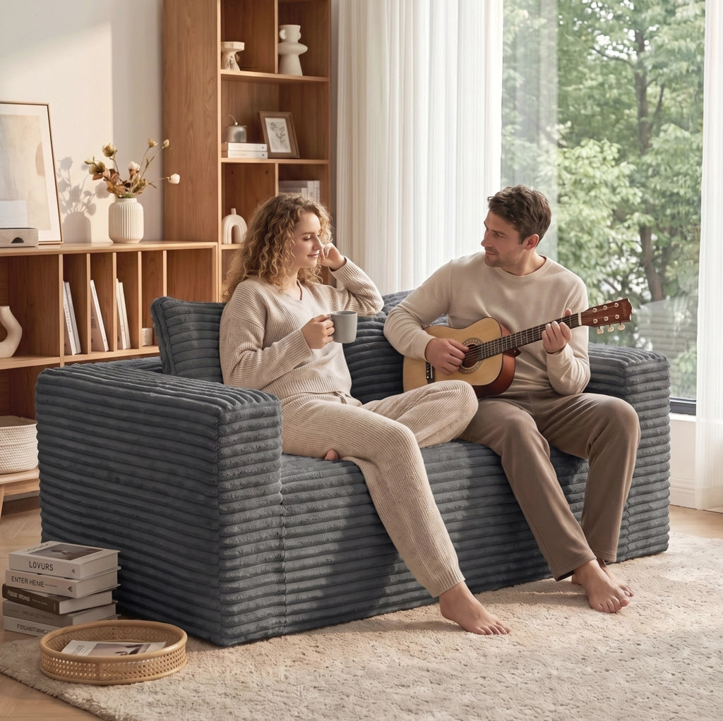 Divano Letto a 2 Posti in Schiuma ad Alta Densità Rivestito in Velluto di Cotone Grigio, Senza Montaggio, Ideale per Spazi Ridotti