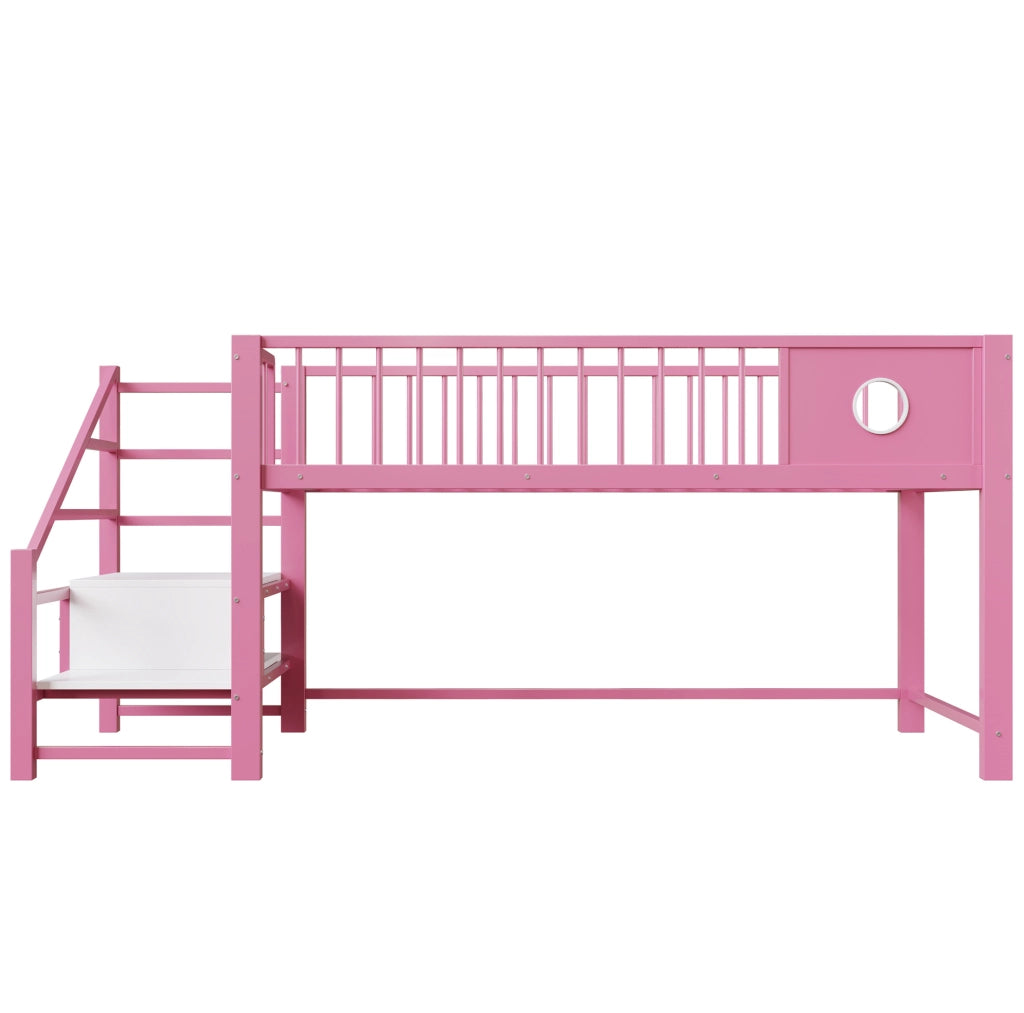 Letto a soppalco basso per bambini 90x200 cm con struttura in metallo rosa e scaletta con contenitore
