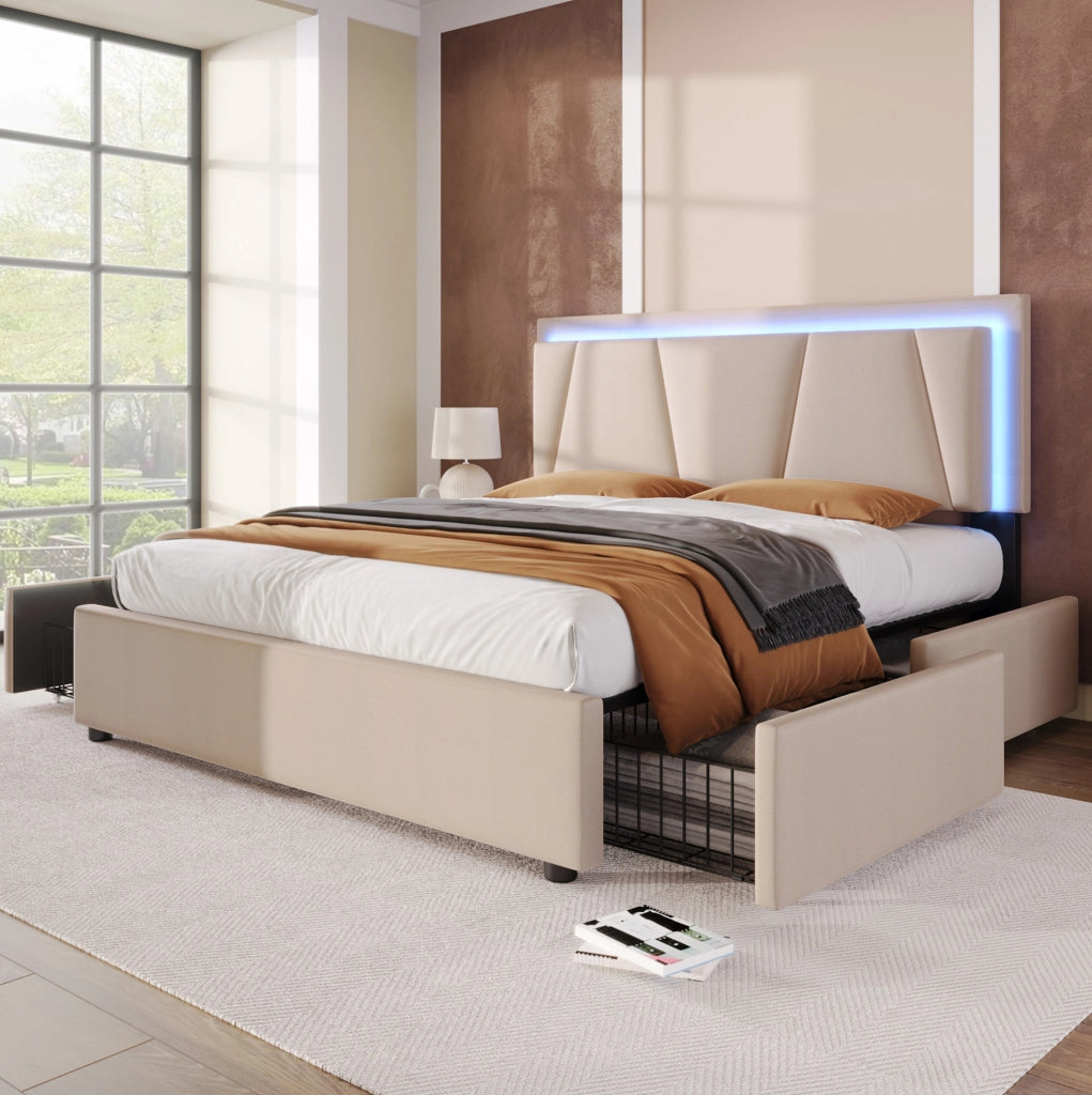 Letto imbottito 140 x 200 cm beige con LED e 4 cassetti
