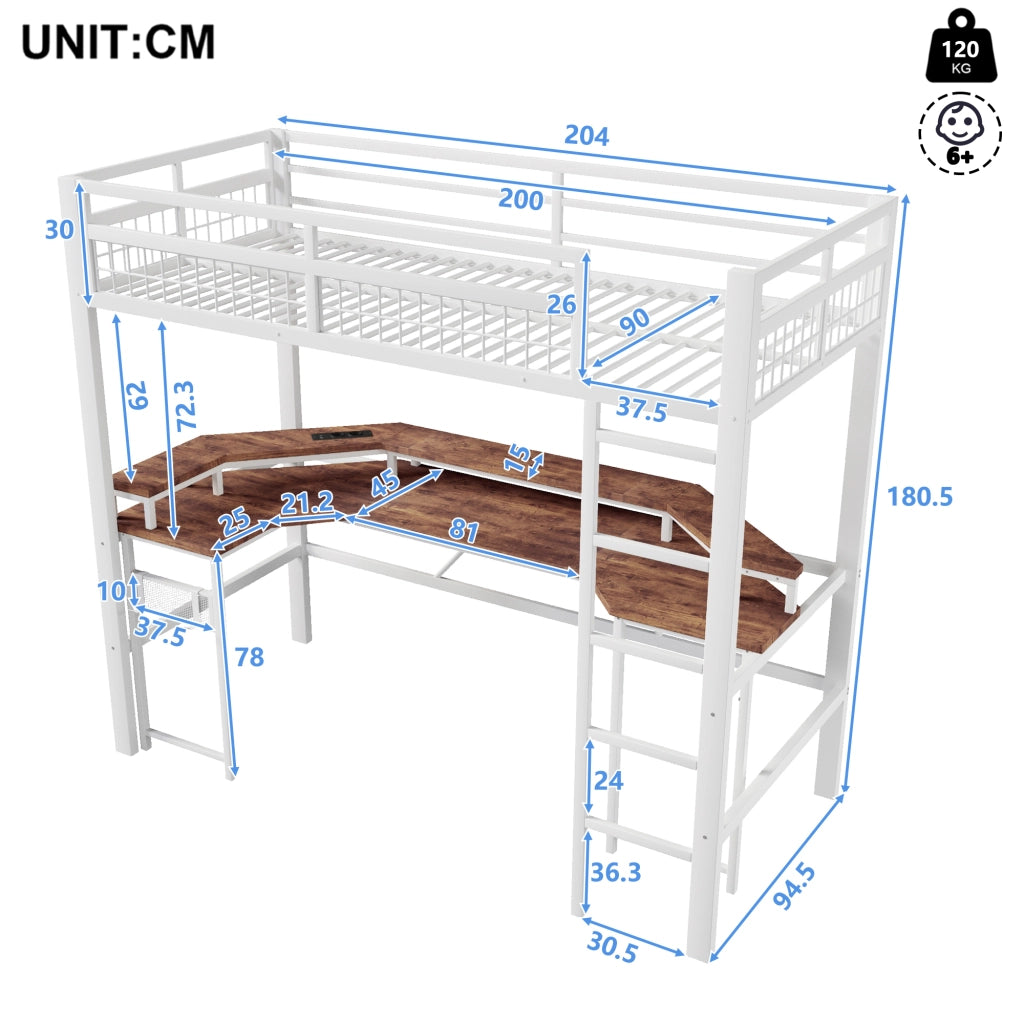 Hochbett 90x200 cm in metallo e MDF, con scrivania, LED RGB, porte USB e prese, bianco