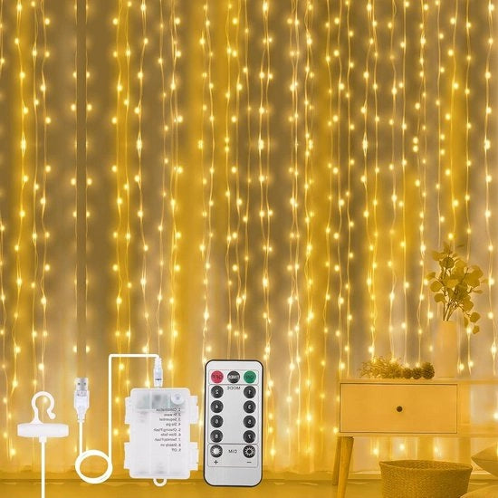3 x 3 m illuminazione da tenda con 300 led, 8 modi, timer, telecomando e regolazione di luminosità, impermeabile, illuminazione di Natale con effetto luce LED (con alimentazione USB/batterie)