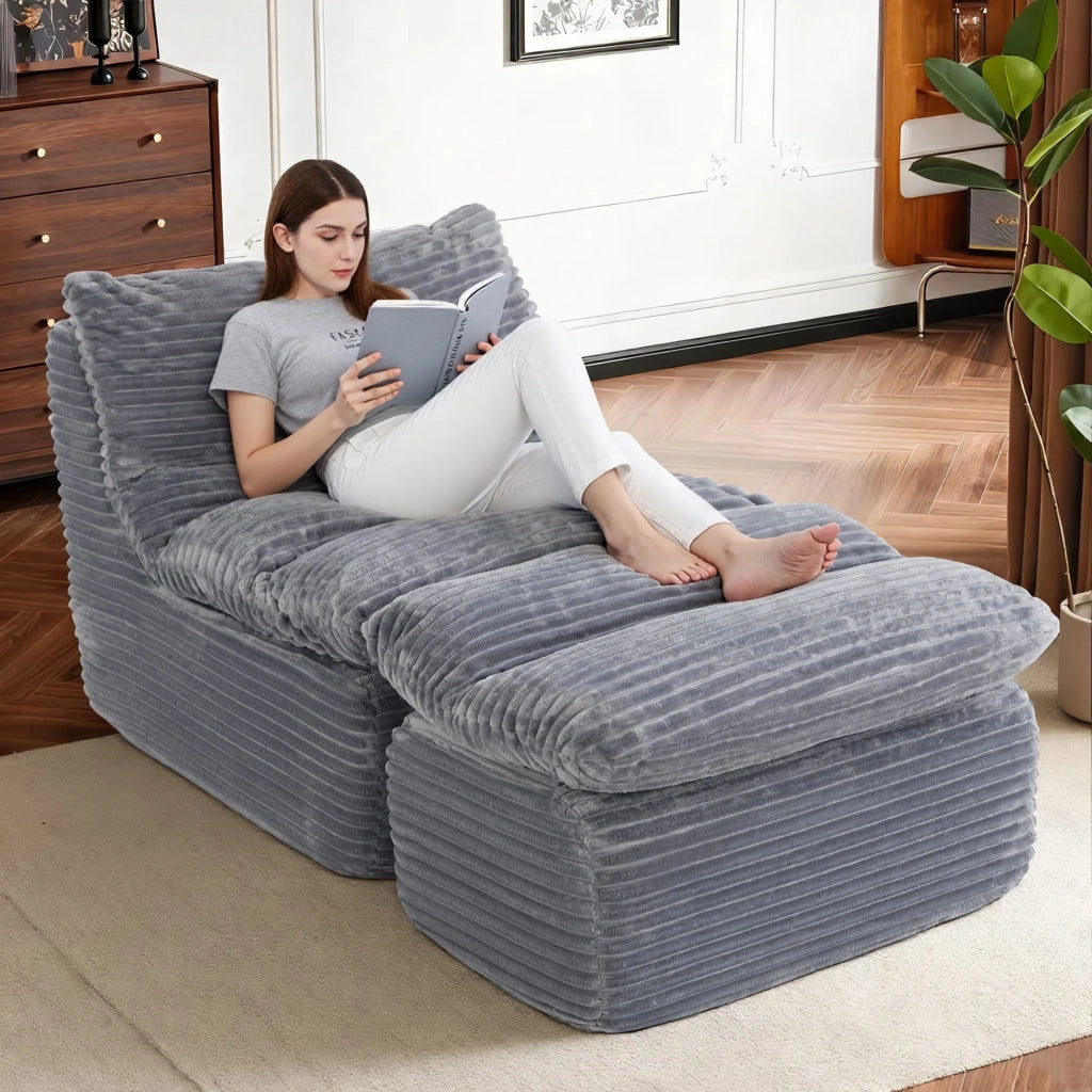 Poltrona relax senza struttura, ergonomica con poggiapiedi e memory foam ad alta densità, senza montaggio, per soggiorno, camera o ufficio, beige