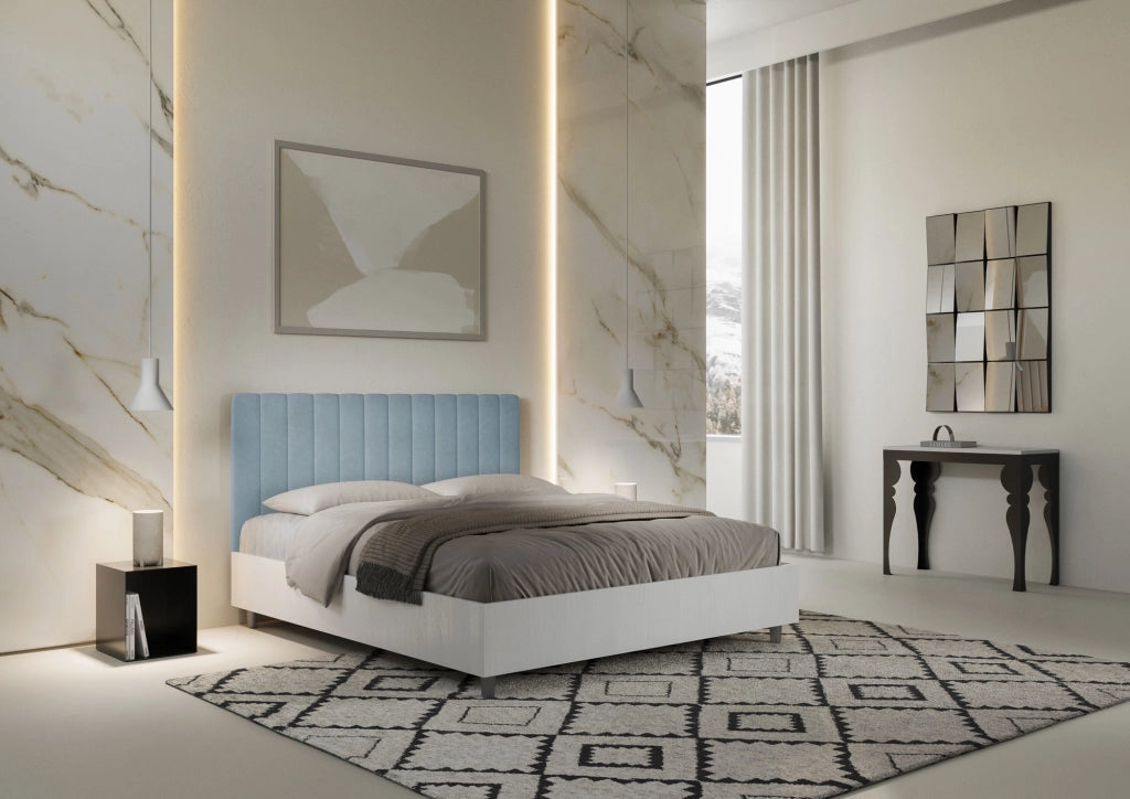 BS COM Letto matrimoniale con rete 160x190 bianco frassino testata microfibra azzurro
