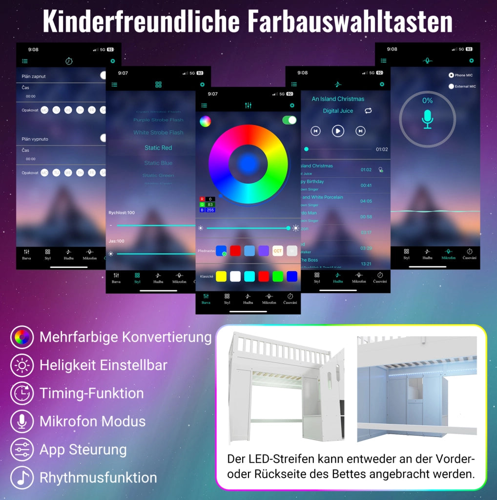 Letto per bambini con scivolo, scala contenitore e luce LED 90 x 200 cm