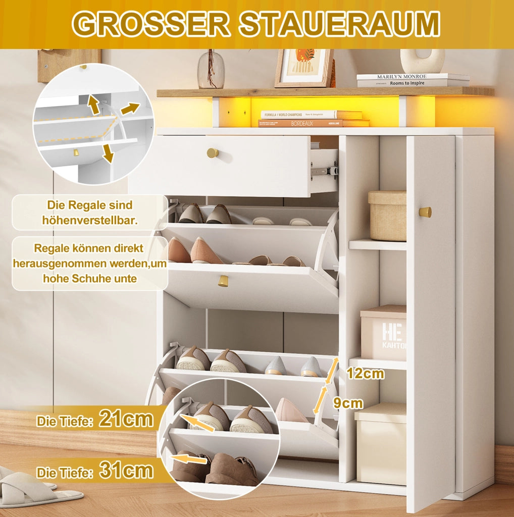 Set guardaroba da ingresso 3 pezzi con specchio, mensola cappelli e scarpiera con illuminazione LED, 4 ganci, bianco e naturale, 105x25x151,5 cm