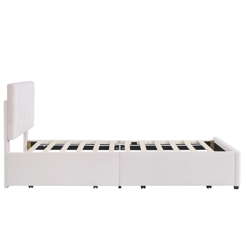 Letto imbottito 90 x 200 cm beige con rete a doghe e 2 cassetti, senza materasso