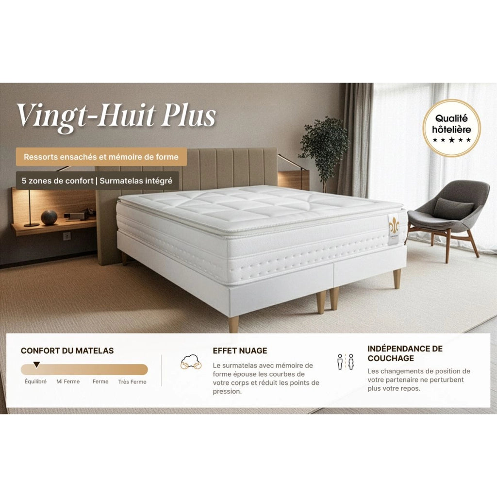 Pacchetto letto completo - Materasso 140x200cm + Box spring con doghe (kit) + 2 cuscini + Piumino - Vingt-Huit PLUS